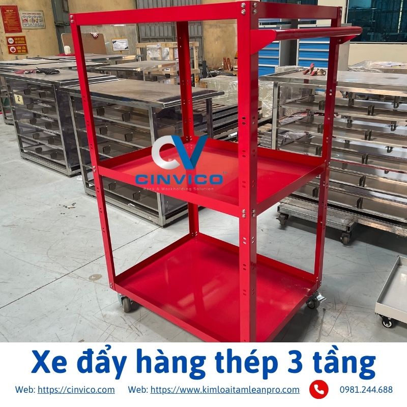 Hình ảnh sản phẩm xe đẩy hàng thép 3 tầng tại Cinvico