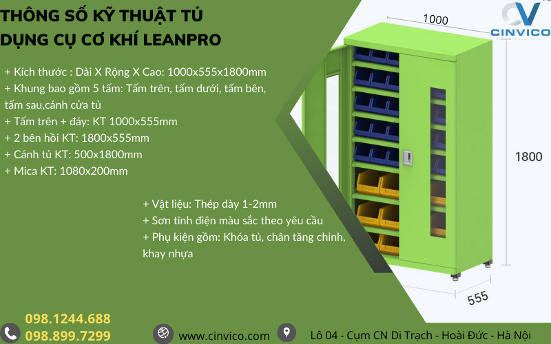 Thông số kỹ thuật tủ đựng dụng cụ cơ khí leanpro