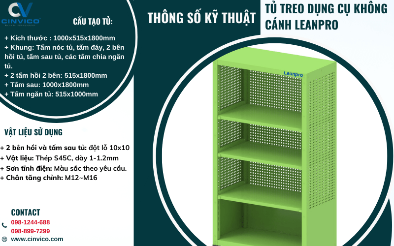 thông số kỹ thuật tủ treo dụng cụ không cánh 