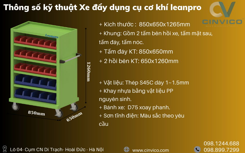 Thông số kỹ thuật xe đẩy dụng cụ cơ khí leanpro
