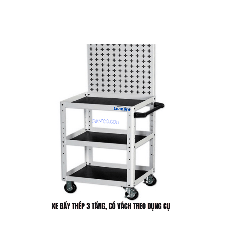 Xe đẩy thép 3 tầng có vách treo dụng cụ