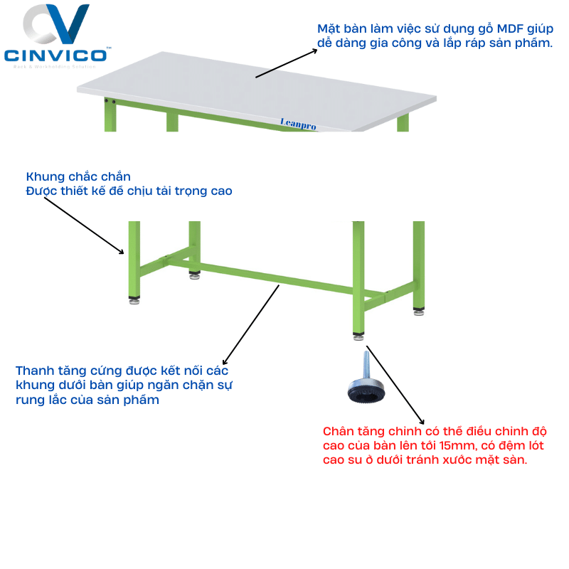 Bàn thao tác mặt bàn gỗ MDF có chân tăng chỉnh