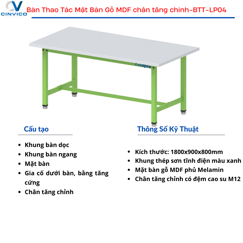 Cấu tạo bàn thao tác có chân tăng chỉnh Leanpro