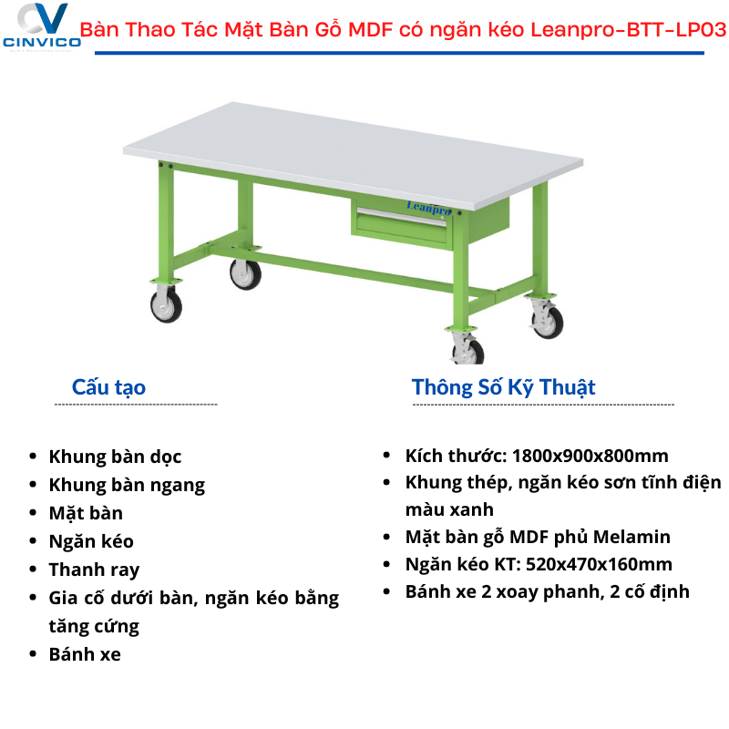 Cấu tạo bàn thao tác mặt bàn gỗ MDF có ngăn kéo Leanpro