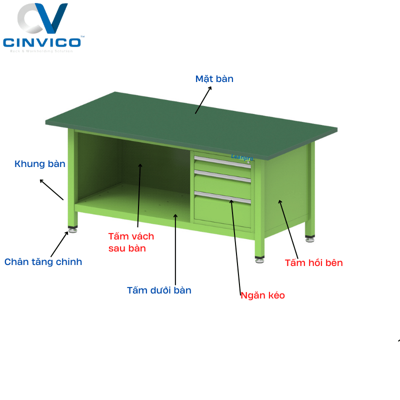 cấu tạo bàn thao tác dán thảm cao su có ngăn kéo BTT-LP17