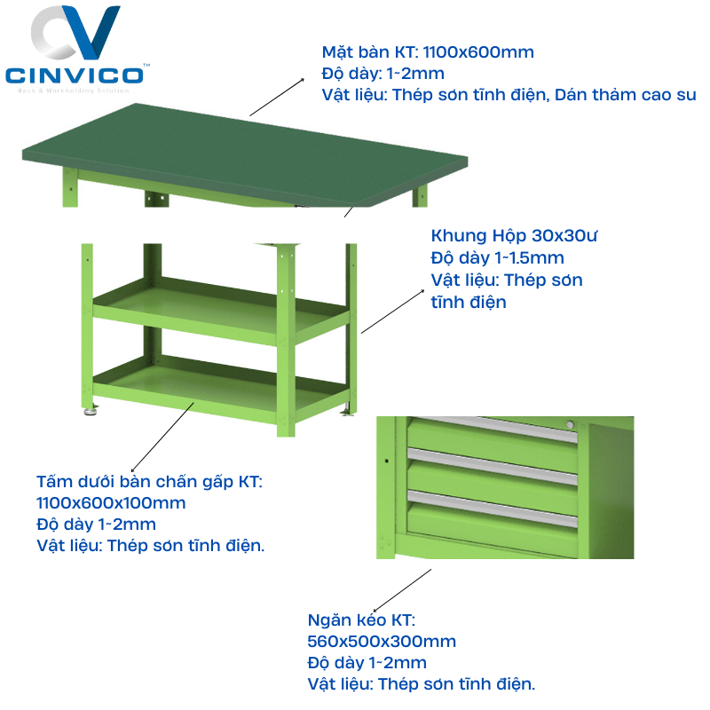 thông số bàn thao tác dán thảm cao su 3 tầng có ngăn kéo