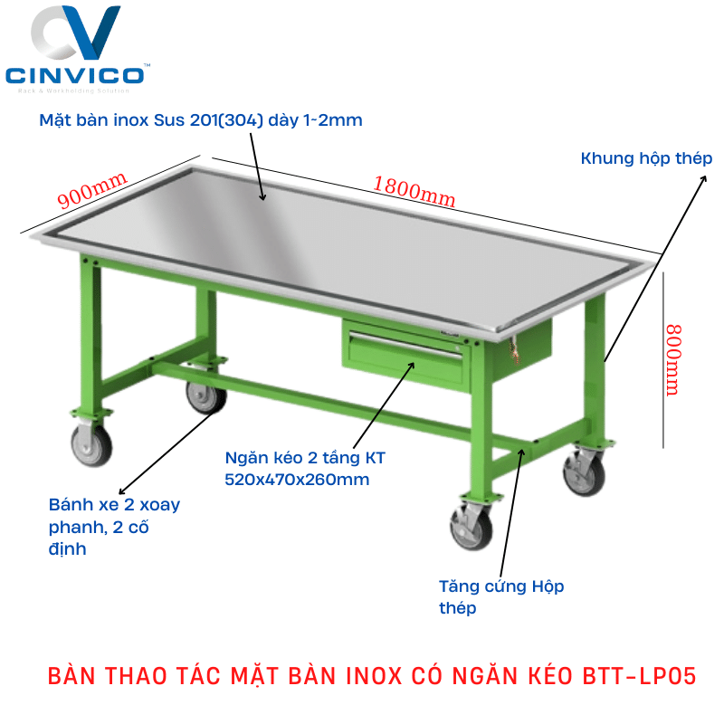 Bàn thao tác mặt bàn inox có ngăn kéo Leanpro