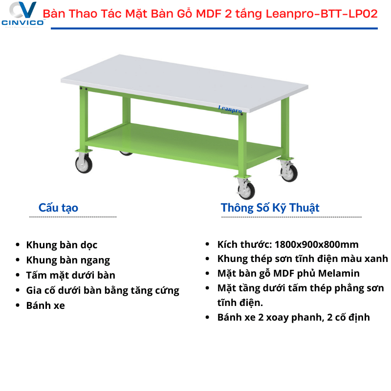 Bàn Thao Tác Gỗ 2 Tầng Leanpro-BTT-LP02