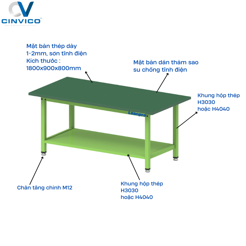 thông số kỹ thuật bàn thao tác chống tĩnh điện 1 tầng Leanpro