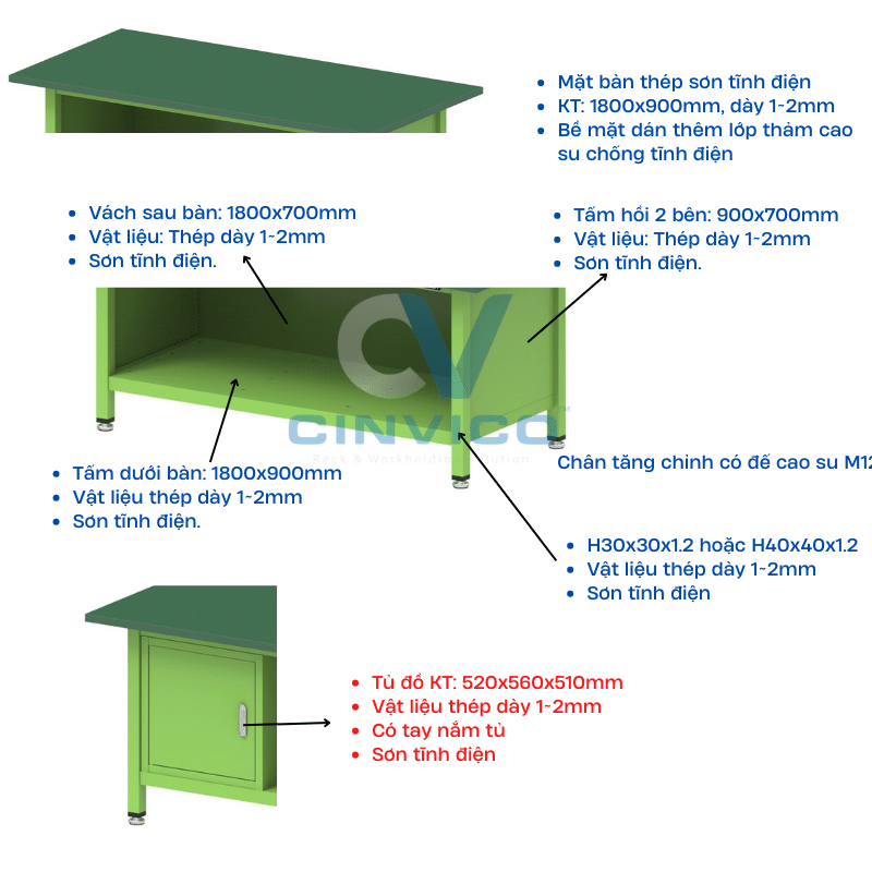Thông số kỹ thuật bàn dán thảm cao su có tủ đồ BTT-LP19