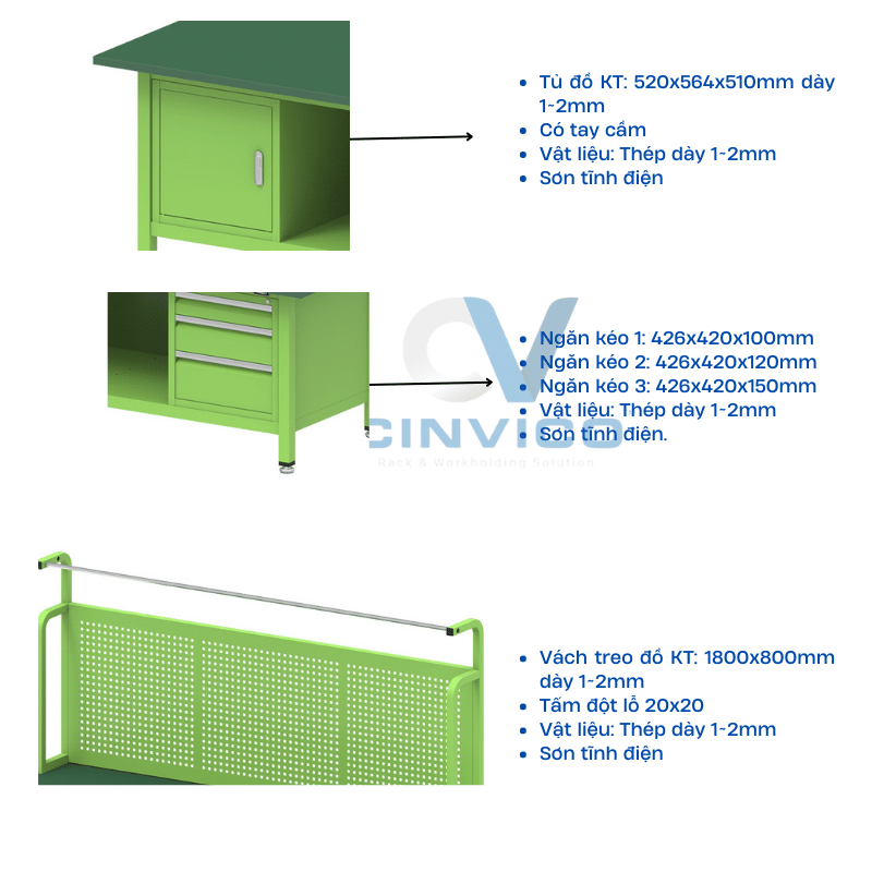 Thông số bàn có Vách treo đồ BTT-LP20
