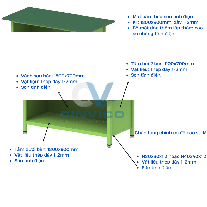 Thông số bàn thao tác dán thảm cao su có Vách treo đồ BTT-LP20