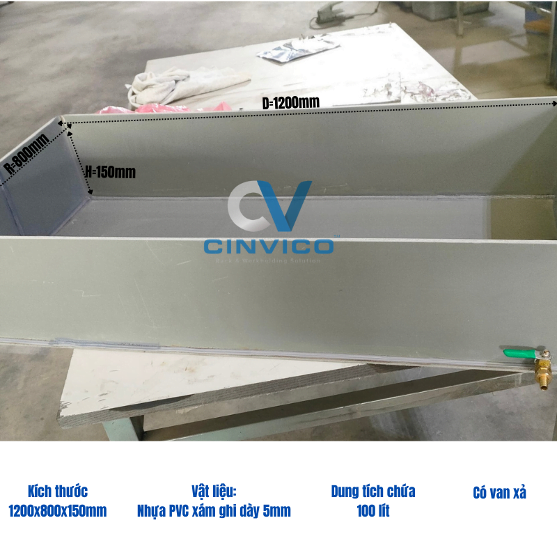 Thông số kỹ thuật khay chống tràn hóa chất PVC có van xả KCT-LP02