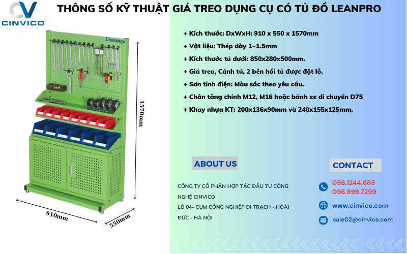 thông số kỹ thuật giá treo dụng cụ có tủ đồ leanpro
