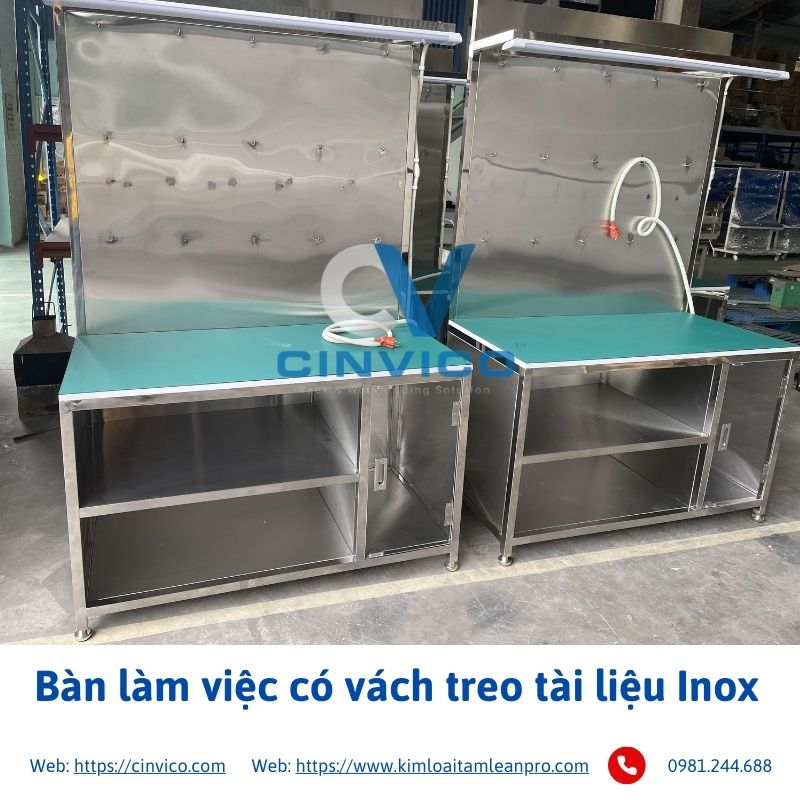 Bàn làm việc có vách treo tài liệu Inox 